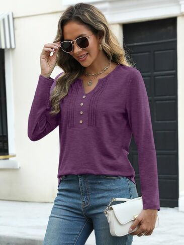 PGANDS Women's V Neck Pleated Tops Long Sleeve Button Casual Solid Blouse in Saudi Arabia