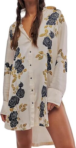 Women's Button Down Floral Print Shirt Dress Fall Fashion Long Sleeve Oversized Lightweight Blouses Tops in Saudi Arabia