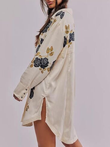 Women's Button Down Floral Print Shirt Dress Fall Fashion Long Sleeve Oversized Lightweight Blouses Tops in Saudi Arabia