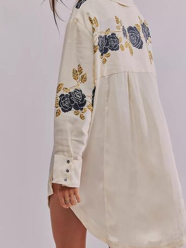 Women's Button Down Floral Print Shirt Dress Fall Fashion Long Sleeve Oversized Lightweight Blouses Tops in Saudi Arabia