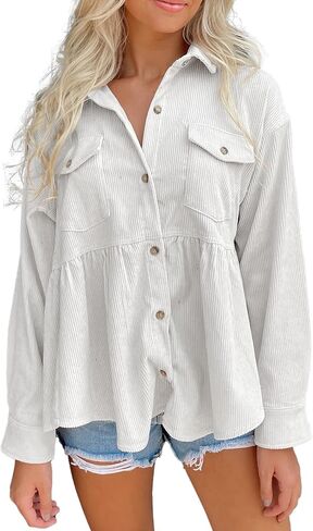 Women's Plaid Shirts Long Sleeves Button Down Peplum Babydoll Jacket Oversized Flannel Shirts Casual Pocket Blouses Tops in Kuwait