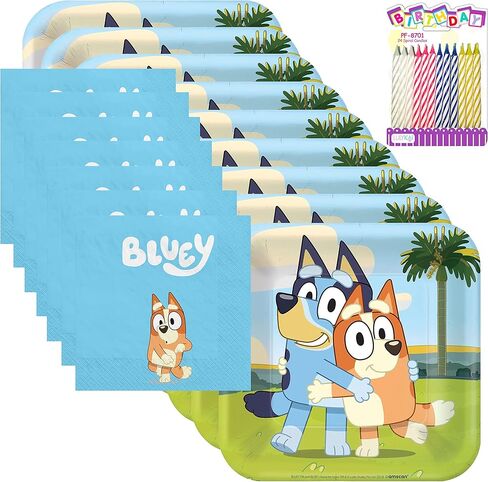 مجموعة لوازم حفلات Amscan Bluey تخدم 16 شخصًا: لوازم حفلات أعياد الميلاد Bluey؛ أطباق حلوى ومناديل مشروبات من بلوي مقاس 7 بوصات مع شموع عيد ميلاد (حزمة من 16 قطعة) in Saudi Arabia