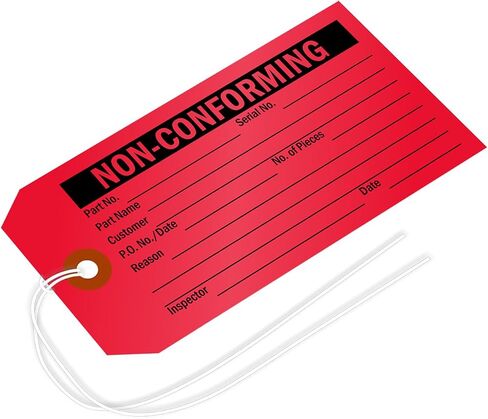 SmartSign (Pack of 50) Non-Conforming Inspection Tags with Fiber Patch and Strings, 4.75" x 2.375", 13pt Thick Cardstock, Black on Red, Made in USA in Saudi Arabia