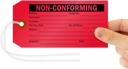 SmartSign (Pack of 50) Non-Conforming Inspection Tags with Fiber Patch and Strings, 4.75" x 2.375", 13pt Thick Cardstock, Black on Red, Made in USA in Saudi Arabia