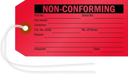 SmartSign (Pack of 50) Non-Conforming Inspection Tags with Fiber Patch and Strings, 4.75" x 2.375", 13pt Thick Cardstock, Black on Red, Made in USA in Saudi Arabia