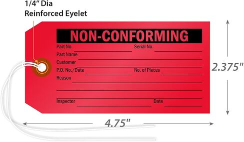 SmartSign (Pack of 50) Non-Conforming Inspection Tags with Fiber Patch and Strings, 4.75" x 2.375", 13pt Thick Cardstock, Black on Red, Made in USA in Saudi Arabia