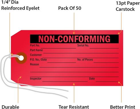 SmartSign (Pack of 50) Non-Conforming Inspection Tags with Fiber Patch and Strings, 4.75" x 2.375", 13pt Thick Cardstock, Black on Red, Made in USA in Saudi Arabia