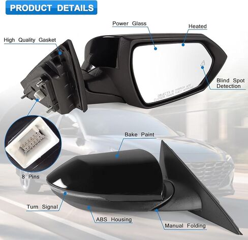 Right Passenger Side Mirror Fits 2021 2022 2023 2024 Hyundai Elantra with Power Glass Heated Blind Spot Detection Turn Signal and Manual Folding Match to Black Replace 87620AA170 (8Pins) in Saudi Arabia