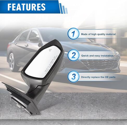 Right Passenger Side Mirror Fits 2021 2022 2023 2024 Hyundai Elantra with Power Glass Heated Blind Spot Detection Turn Signal and Manual Folding Match to Black Replace 87620AA170 (8Pins) in Saudi Arabia