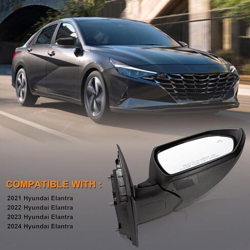 Right Passenger Side Mirror Fits 2021 2022 2023 2024 Hyundai Elantra with Power Glass Heated Blind Spot Detection Turn Signal and Manual Folding Match to Black Replace 87620AA170 (8Pins) in Saudi Arabia