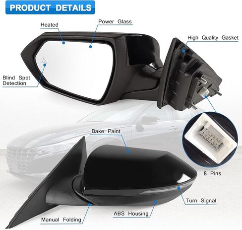 مرآة جانبية للراكب الأيمن تناسب 2021 2022 2023 2024 Hyundai Elantra مع زجاج كهربائي مسخن للكشف عن البقع العمياء إشارة الانعطاف ومطابقة يدوية قابلة للطي باللون الأسود استبدال 87620AA170 (8 دبابيس) in Kuwait