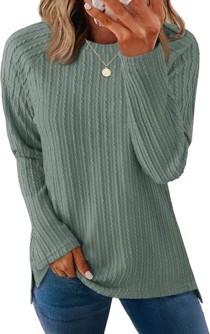 ZESICA Long Sleeve Shirts for Women Crewneck Side Slit Casual Loose Tunic Tops Lightweight Basic Tee Fashion Clothes in Saudi Arabia