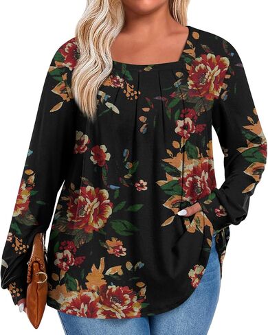 Anymeet Plus Size Tops for Women Long Sleeve Tunic Casual Shirts Square Neck Blouse 1X-5X in Kuwait