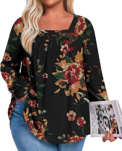 Anymeet Plus Size Tops for Women Long Sleeve Tunic Casual Shirts Square Neck Blouse 1X-5X in Kuwait