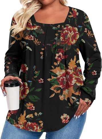Anymeet Plus Size Tops for Women Long Sleeve Tunic Casual Shirts Square Neck Blouse 1X-5X in Kuwait