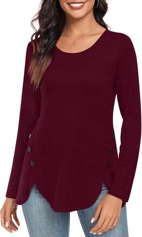 CATHY Womens Tops Dressy Casual Crew Neck Long Sleeve Shirts Button Side Tunic to Wear with Leggings in Saudi Arabia