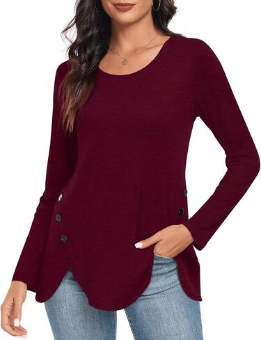 CATHY Womens Tops Dressy Casual Crew Neck Long Sleeve Shirts Button Side Tunic to Wear with Leggings in Saudi Arabia