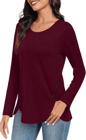 CATHY Womens Tops Dressy Casual Crew Neck Long Sleeve Shirts Button Side Tunic to Wear with Leggings in Saudi Arabia