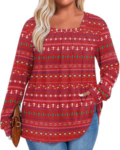 Anymeet Plus Size Tops for Women Long Sleeve Tunic Casual Shirts Square Neck Blouse 1X-5X in Kuwait