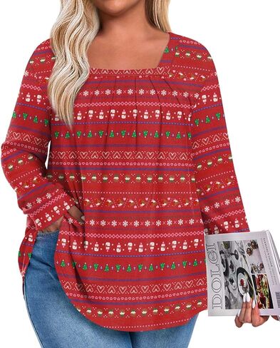 Anymeet Plus Size Tops for Women Long Sleeve Tunic Casual Shirts Square Neck Blouse 1X-5X in Kuwait