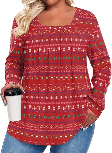 Anymeet Plus Size Tops for Women Long Sleeve Tunic Casual Shirts Square Neck Blouse 1X-5X in Kuwait