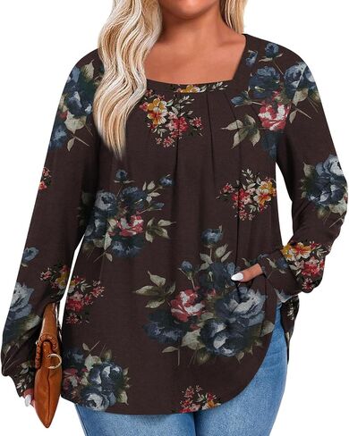 Anymeet Plus Size Tops for Women Long Sleeve Tunic Casual Shirts Square Neck Blouse 1X-5X in Kuwait