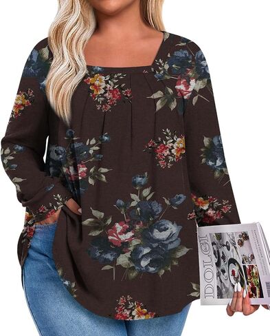Anymeet Plus Size Tops for Women Long Sleeve Tunic Casual Shirts Square Neck Blouse 1X-5X in Kuwait