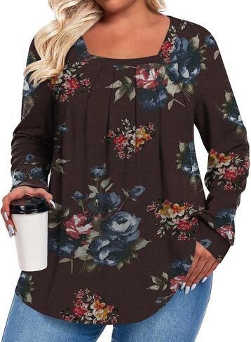 Anymeet Plus Size Tops for Women Long Sleeve Tunic Casual Shirts Square Neck Blouse 1X-5X in Kuwait