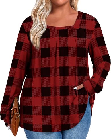 Anymeet Plus Size Tops for Women Long Sleeve Tunic Casual Shirts Square Neck Blouse 1X-5X in Kuwait