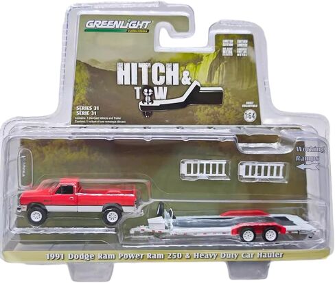 Hitch & Tow Series 31-32310-D - 1991 Dodge Ram Power Ram 250 - Red & White with Heavy Duty Car Hauler 1/64 Scale Diecast in Saudi Arabia