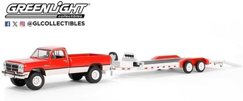 Hitch & Tow Series 31-32310-D - 1991 Dodge Ram Power Ram 250 - Red & White with Heavy Duty Car Hauler 1/64 Scale Diecast in Saudi Arabia