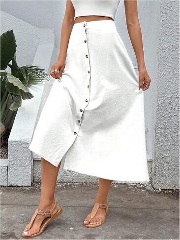 Verdusa Women's Casual Long Skirt Button Front High Waist Flare A Line Skirt in Saudi Arabia
