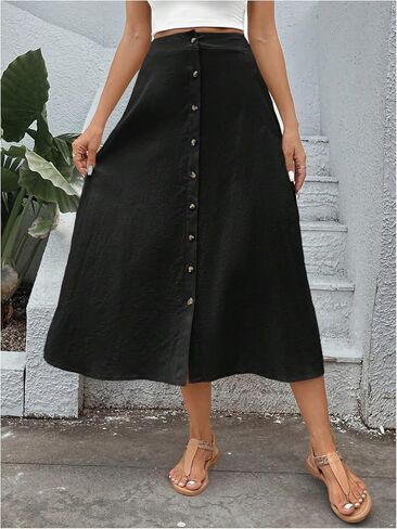 Verdusa Women's Casual Long Skirt Button Front High Waist Flare A Line Skirt in Saudi Arabia
