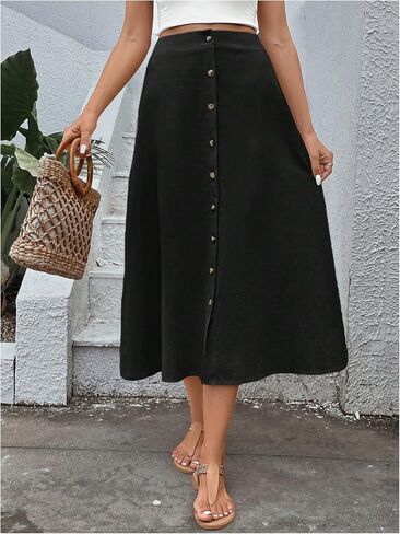 Verdusa Women's Casual Long Skirt Button Front High Waist Flare A Line Skirt in Saudi Arabia