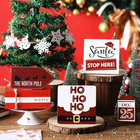 12 Pieces Christmas Tiered Tray Decor Christmas Decorations Farmhouse Winter Table Wooden Sign Christmas Tiered Tray Decoration Santa Claus Snowflakes Reindeer Decor for Christmas Holiday Party Home in Saudi Arabia