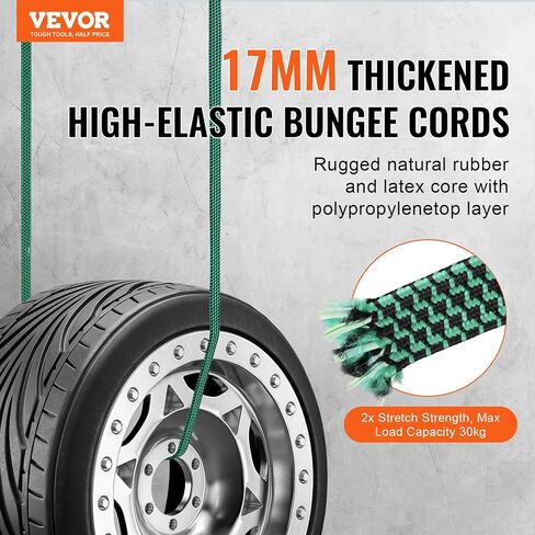 VEVOR 32Pcs Flat Outdoor Bungee Cord Assortment, 17 mm Heavy Duty Bungee Straps with Hooks, Includes 10", 18", 24", 32", 40", Elastic Straps with Portable Storage Bag, 6 Tarp Clips & Ball Bungy Cords in Saudi Arabia