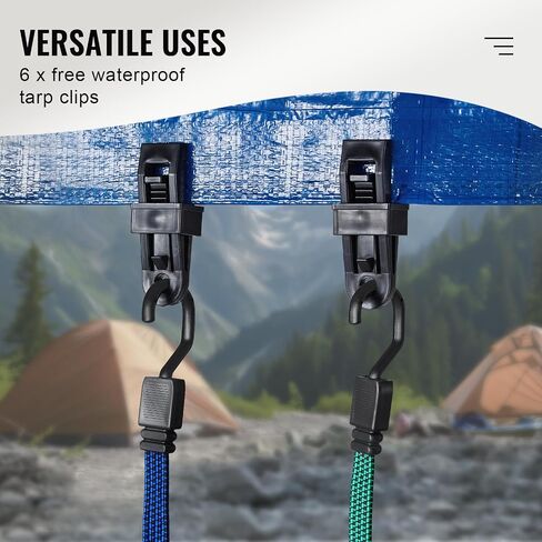 VEVOR 32Pcs Flat Outdoor Bungee Cord Assortment, 17 mm Heavy Duty Bungee Straps with Hooks, Includes 10", 18", 24", 32", 40", Elastic Straps with Portable Storage Bag, 6 Tarp Clips & Ball Bungy Cords in Saudi Arabia