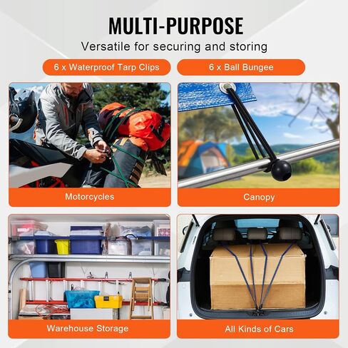 VEVOR 32Pcs Flat Outdoor Bungee Cord Assortment, 17 mm Heavy Duty Bungee Straps with Hooks, Includes 10", 18", 24", 32", 40", Elastic Straps with Portable Storage Bag, 6 Tarp Clips & Ball Bungy Cords in Saudi Arabia