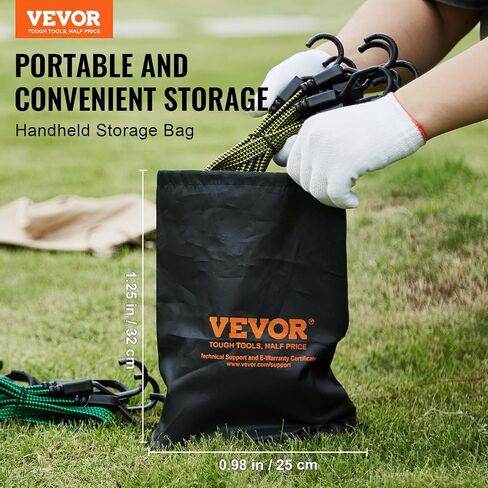 VEVOR 32Pcs Flat Outdoor Bungee Cord Assortment, 17 mm Heavy Duty Bungee Straps with Hooks, Includes 10", 18", 24", 32", 40", Elastic Straps with Portable Storage Bag, 6 Tarp Clips & Ball Bungy Cords in Saudi Arabia
