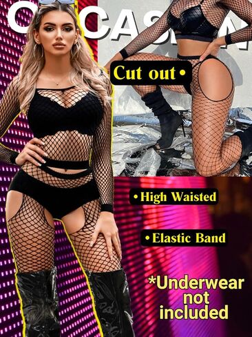 طقم ملابس نسائية مكونة من قطعتين، بدلة قطعة واحدة مثيرة من شبكة صيد السمك، جوارب بفتحات علوية، بذلة شفافة للحفلات والنوادي تناسب 0-12 in Kuwait