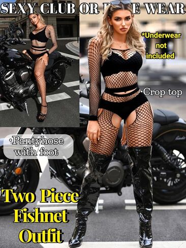 طقم ملابس نسائية مكونة من قطعتين، بدلة قطعة واحدة مثيرة من شبكة صيد السمك، جوارب بفتحات علوية، بذلة شفافة للحفلات والنوادي تناسب 0-12 in Kuwait