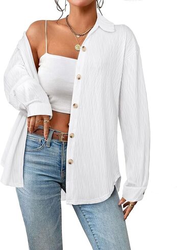 LILYCHIC Womens Button Down Textured Shirts Long Sleeve Oversized Solid 2024 Trendy Collared Blouses Tops with Pockets in Saudi Arabia