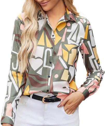 Women's Business Casual Tops Cute Long Sleeve Graphic Print Blouses Trendy Button Down Shirts in Saudi Arabia
