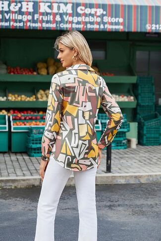 Women's Business Casual Tops Cute Long Sleeve Graphic Print Blouses Trendy Button Down Shirts in Saudi Arabia