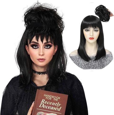 meiliprotea Gothic Bride Black Wig with Bun Lydia Deetz Cosplay Halloween Wig with Fluffy Bun Synthetic Straight Shoulder Length Wigs for Women Halloween Costume Party in Saudi Arabia