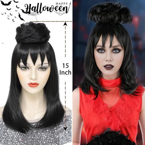 meiliprotea Gothic Bride Black Wig with Bun Lydia Deetz Cosplay Halloween Wig with Fluffy Bun Synthetic Straight Shoulder Length Wigs for Women Halloween Costume Party in Saudi Arabia