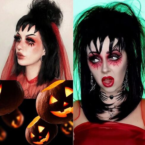 meiliprotea Gothic Bride Black Wig with Bun Lydia Deetz Cosplay Halloween Wig with Fluffy Bun Synthetic Straight Shoulder Length Wigs for Women Halloween Costume Party in Saudi Arabia