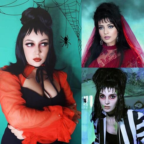 meiliprotea Gothic Bride Black Wig with Bun Lydia Deetz Cosplay Halloween Wig with Fluffy Bun Synthetic Straight Shoulder Length Wigs for Women Halloween Costume Party in Saudi Arabia