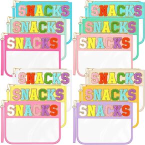 Abbylike 12 Pcs Chenille Letter Bag Snacks Pouch Clear Travel Makeup Bag with Wrist Strap Zipper Stuff Bag Cosmetic Bag Purses Portable Multipurpose PVC Nylon for Women Girls(Black)