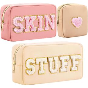 3 Pcs Preppy Makeup Bag Chenille Letter Nylon Cosmetic Bags Travel Varsity Letter Skin Stuff Bag Organizer Pouch Travel Bag Set for Women Girls (Stylish, Beige, Dusty Pink, Khaki)